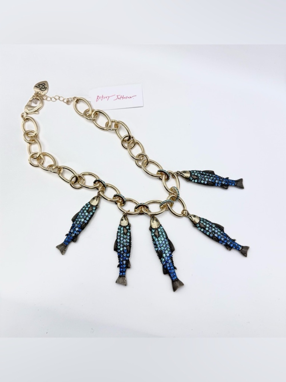 👉 Betsey Johnson Blue Rhinestone Fish Charm Necklace Gold Tone Statement Bib